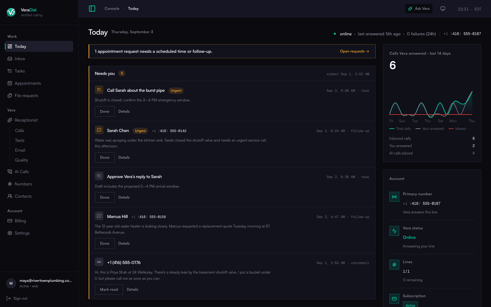 Full VeraDial Today dashboard for Rivertown Plumbing with navigation, the 14-day answered-calls graph, urgent work, appointments, and follow-ups