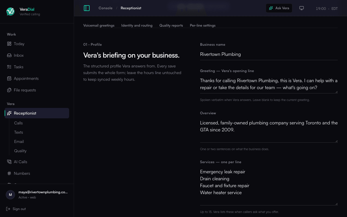 Full VeraDial console showing the Rivertown Plumbing receptionist profile, navigation, services, greeting, and call handling settings